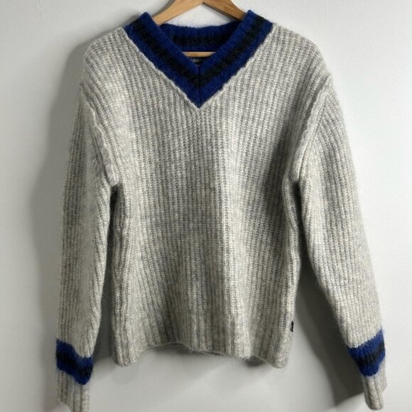 Stussy Tennis Sweater Mens L Gray V Neck Mohair Wool Blend Fuzzy Knit Ribbed - Picture 1 of 9